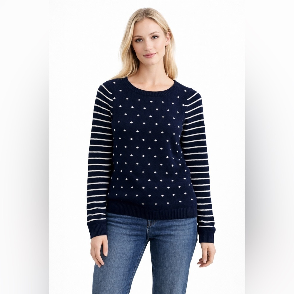 Talbots Cotton Navy White Dotted Striped Preppy Crew Neck Sweater S